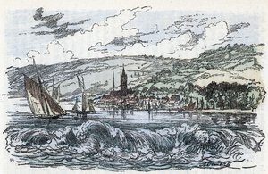 Uitzicht op de mascaret van de Seine naar Caudebec-en-Caux (Caudebec en Caux) in de Seine Maritime, Normandië (de getijdegolf van de Seine rivier bij Caudebec en Caux, Normandië) Gravure uit 