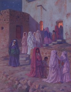 Moslims verlaten de dorpsmoskee op de vooravond van Mouled, illustratie uit een geschiedenis van het leven van de profeet Mohammed, gepubliceerd in Parijs in 1918