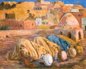 Gebed op een terras in Bou-Saada of Es-Sojoud (olieverf op doek) door Alphonse Etienne Dinet