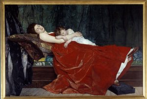 Slapende vrouw en kind slapend. Schilderij door Alphonse Lecadre (1872)