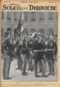 Overhandiging van de commandantskruisen van het Legioen van Eer aan vier generaals (Gosse Dubois, generaal Colonna, generaal Toulza, generaal Dalstein) door generaal Brugere. Gravure door Lalauze voor 