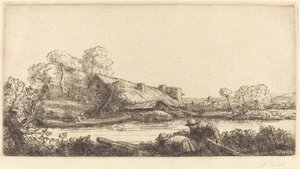 Boerderij langs de rivier gezien bij avondlicht door Alphonse Legros