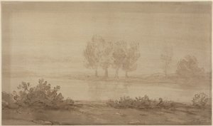 Landschap - vier bomen aan de overkant van een rivier door Alphonse Legros