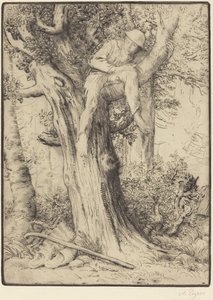 Landschap met een jongen in een boom (detail) door Alphonse Legros