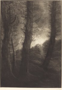 Grote bomen gezien tegen de zon Les grandes arbres: Effet du soir door Alphonse Legros