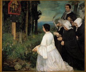 Het ex-voto - Vrouwen (in traditionele Bretonse kostuums?) verzamelen zich voor een ex-voto door Alphonse Legros