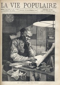 Een geconcentreerde kopiist aan het werk in zijn kantoor. Illustratie door Alfons Maria Mucha (Alphonse Marie Mucha) door Alphonse Mucha