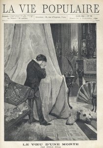 Een man huilt, verbergt zijn tranen en gezicht in een zakdoek, staand achter het baldakijn van een bed, in een rijkelijk versierde slaapkamer, met berenvel, geborduurde kussens, waaier en diverse vazen en kandelaars. Illustratie door Alfons Maria Mucha door Alphonse Mucha