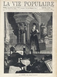 Een zanger, op het podium, kijkt naar het orkest in de bak, de muzikanten en de dirigent in volle uitvoering. Illustratie door Alfons Maria Mucha door Alphonse Mucha