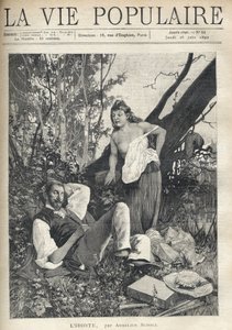 Een jonge vrouw, ongekamd, ontbloot, zichtbaar borst, leunt met vertrouwen en plezier naar een schilder die ligt te slapen in de natuur, jas, hoed, materiaal en pijp verspreid op de grond. Illustratie door Alfons Maria Mucha (Alphonse Marie Mucha) door Alphonse Mucha