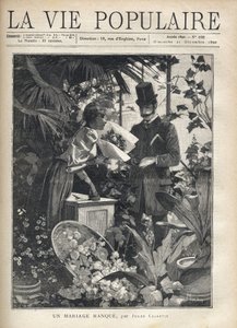 Een elegante man koopt bloemen in een bloemenwinkel. Illustratie door Alfons Maria Mucha