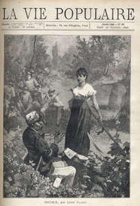Een oude man leest een brief voor aan een mooie jonge boerin met een zeis. Jagers kijken van een afstand toe. Illustratie door Alfons Maria Mucha door Alphonse Mucha