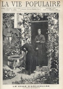 Bij de ingang van de pastorie wordt een behandeling gegeven aan een jongere persoon. De tuin is zeer bloeiend, uitgerust met een tank en een gieter, op de achtergrond is de kerktoren van het dorp te zien. Illustratie door Alfons Maria Mucha (Alphonse Marie door Alphonse Mucha
