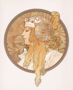 Byzantijns hoofd van een blonde maagd door Alphonse Mucha