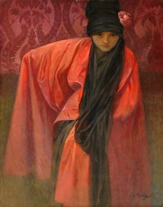Meisje in rood door Alphonse Mucha