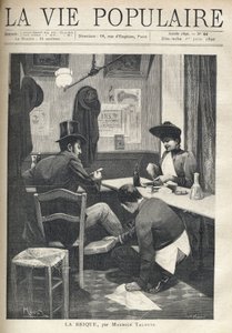 In een restaurant, een man en een vrouw zijn gescheiden en dineren. De bediende hurkt bij de man en plaatst een hete steen onder zijn voeten. Illustratie door Alfons Maria Mucha