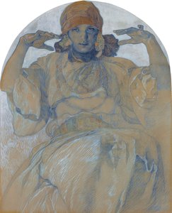 Portret van de dochter van de kunstenaar Jaroslava Muchova (1909-1986) - Schilderij van Alphons Mucha (1860-1939) - rond 1924 - 51x41 cm - Privécollectie