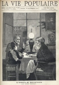 Scène uit het familieleven: rond de eettafel is een familie verzameld, verlicht door een olielamp en luistert aandachtig naar een bezoekende oom, met heldere ogen en hand die de hoogtepunten van zijn verhaal markeert. Illustratie door Alfons Maria Mucha (A