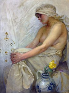 Zittend meisje door Alphonse Mucha