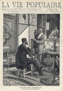 Twee mannen, een zittend en de ander staand, tegenover elkaar en in gesprek, roken sigaretten in een rijkelijk versierde woonkamer (glas-in-loodramen, meubels, kunstvoorwerpen). Illustratie door Alfons Maria Mucha door Alphonse Mucha