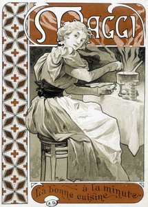Jonge vrouw kookt op een gasfornuis - reclame Maggi "goed eten in een mum van tijd", door Mucha, circa 1890