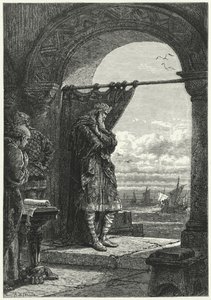 Karel de Grote kijkt angstig naar de naderende schepen met Normandische plunderaars door Alphonse Marie de (after) Neuville