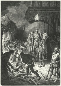 El Cid, vergezeld door zijn vrouw Dona Jimena, houdt toezicht op de bouw van de brandstapel van Ahmed, Moorse koning van Valencia