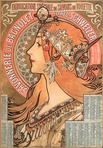 Kalenderpagina van het jaar 1898 met een reclame-illustratie door Alphonse Mucha voor de zeepfabriek Savonnerie de Bagnolet Alfred Schweizer door Alphonse Mucha