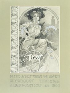 Officieel Banket van de Internationale Tentoonstelling van Parijs 1900. Ontwerp voor het menu door Alphonse Mucha