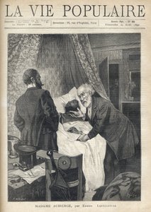 Twee mannen buigen zich over een bed om de dood van een man te zien. Bij de deur kijken andere mannen naar de scène. Illustratie door Alfons Maria Mucha (Alphonse Marie Mucha) door Alphonse Mucha