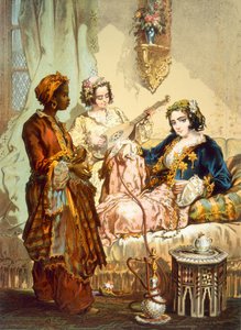 De Koffiekop: Twee vrouwen die koffie drinken en waterpijp roken, pub. 1865