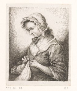 Portret van de vrouw van de kunstenaar Georg Friedrich Schmidt, naaiend door Amalie Baader