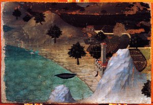 Kasteel bij het meer, door Ambrogio Lorenzetti, schilderij op hout