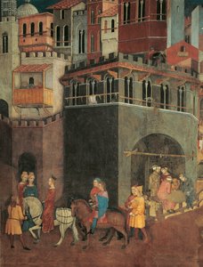 Effecten van Goed Bestuur in de stad, Processie van Adel op straten van de stad, detail uit Allegorie en Effecten van Goed en Slecht Bestuur op Stad en Land door Ambrogio Lorenzetti