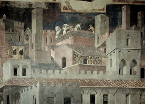 Effecten van Goed Bestuur in de Stad, detail van architectuur en constructie van een huis door Ambrogio Lorenzetti
