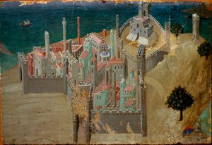 Uitzicht op een versterkte stad bij de zee (detail) door Ambrogio Lorenzetti