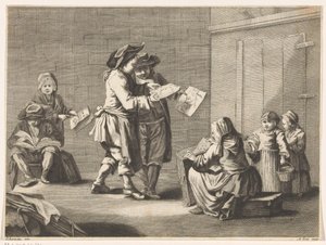 Vijf mannen en vrouwen die prenten bekijken