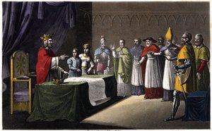 Vergadering van Worms: Lodewijk I de Vrome (778-840), koning van Frankrijk, afgezet door zijn drie zonen (Lotharius, Pepijn en Lodewijk) omdat hij zijn koninkrijk opnieuw wilde verdelen ten gunste van zijn vierde zoon (Karel, een figuur in blauw naast de k door Ambroise Tardieu