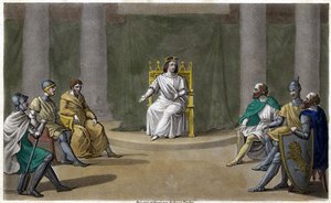 Caribert of Cherebert, koning van Parijs (561 - 567), houdt raad, waar hij recht spreekt. Ontworpen en gegraveerd door Ambroise Tardieu in 1825.