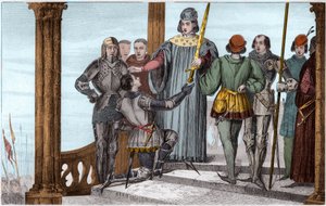 Karel V (1358-80) de Wijze presenteert zijn zwaard aan Duguesdin - Gravure 1825 in 