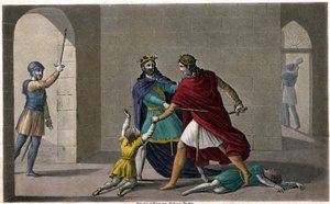Childebert I laat Clotaire de kinderen van hun broer Clodomir, koning van Orléans, afslachten, wiens staten ze delen. Ontworpen en gegraveerd door Ambroise Tardieu in 1825