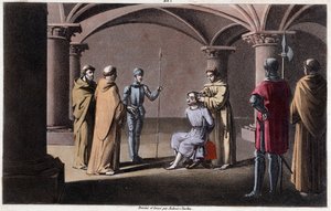 Childerik III onttroont en opgesloten door Pepijn de Korte in een klooster in Saint Omer tussen 742 en 749. Ontworpen en gegraveerd door Ambroise Tardieu in 1825 door Ambroise Tardieu