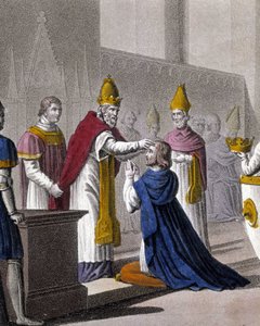 Louis II werd voor de tweede keer gewijd op het Concilie van Troyes door Johannes VIII in 879 (detail). Ontworpen en gegraveerd door Ambroise Tardieu in 1825. door Ambroise Tardieu