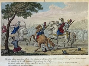 Merovee (447-458) daagt Attila uit op de Catalaunische Velden nabij Troyes met Aetius en Theodorik I. Hij is de veronderstelde Koning van de Franken-Saliërs en gaf zijn naam aan de Merovingische dynastie. - Getekend en gegraveerd door Ambroise Tardieu in 1