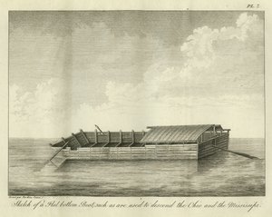 Schets van een Platte Bodemboot, zoals gebruikt om de Ohio en de Mississippi af te dalen, gepubliceerd in 1826 door Ambroise Tardieu