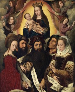Dutch: Maria met kind omringd door engelen, profeten en sibillen Deipara Virgo door Ambrosius Benson
