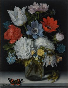 Dutch: Bloemen in een glazen fles op een stenen plint, met een vlinder en een hagedis A Still Life of Flowers in a Glass Flask on a Marble Ledge, Flanked by a Red Admiral Butterfly and a Lizard