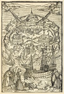 Kaart van het nieuwe eiland Utopia uit een editie van Utopia door Sir Thomas More (1478-1535), voor het eerst gepubliceerd in 1516. Houtsnede door Ambrosius Holbein (ca. 1494-ca. 1519) door Ambrosius Holbein