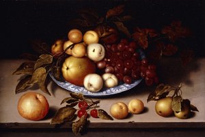 Perziken, appels, abrikozen en druiven in een Wanli Kraak porseleinen kom met kersen, peren, abrikozen en een appel op een rand
