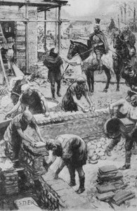 Een Romeinse generaal die de bouw van een gouverneurshuis bij de Darent leidt, waar de fundamenten nog steeds bestaan (litho) door Amedee (after) Forestier